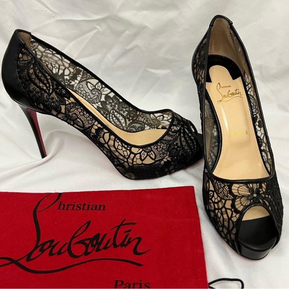 Christian Louboutin Black Lace Peep-Toe Stilettos